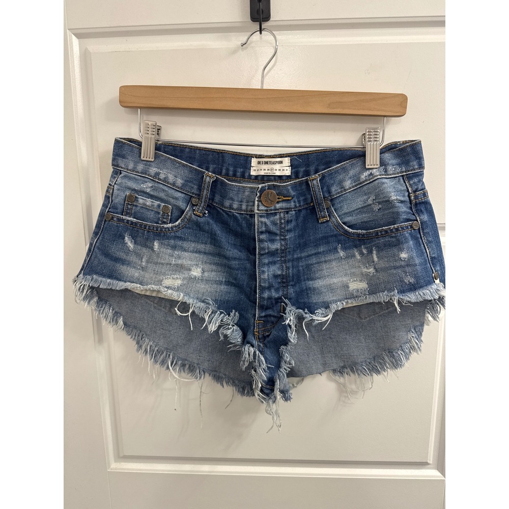 One Teaspoon Bandits Denim Shorts Distressed Frayed Raw Hem Blue Womens Size 27
